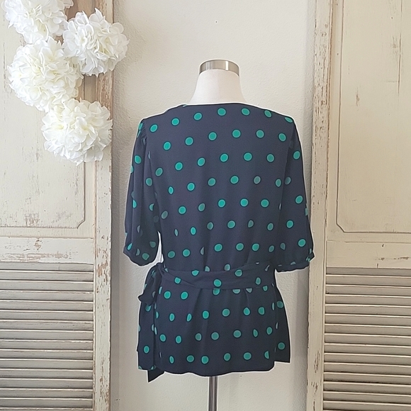 Halogen polka-dots navy blue wrap top women's size large - Picture 6 of 10